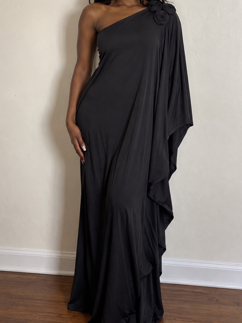 Fashion Nova Black One-Shoulder Maxi Dress